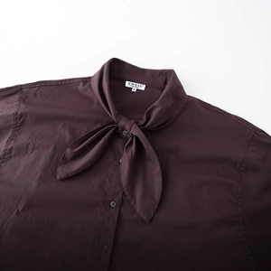 Deep burgundy cotton poplin shirt for women featuring a stylish tie-up bow neckline