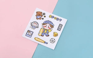 Detail view of cute cartoon sports stickers with boy and animals on colorful background