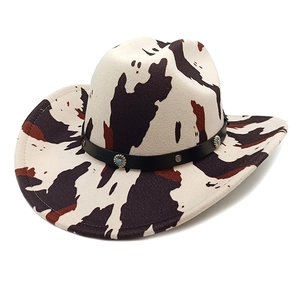 Western Cowboy Hat Wide Brim Cow Leopard Print Polyester Felt Sun Protection Retro Style With Decorative Turquoise Band