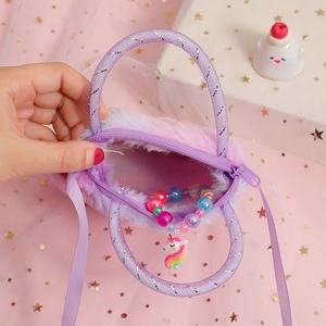 Plush unicorn crossbody bag for girls in soft purple fur with colorful beaded bracelet