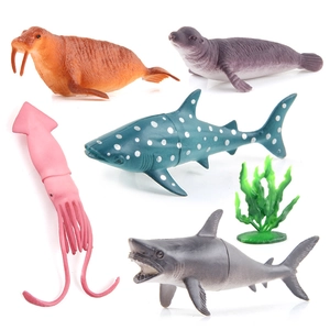 Set of 6 realistic marine animal toy models including whale shark and walrus on white background