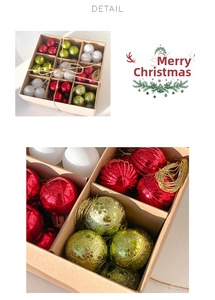 Detail of multi-textured 3cm Christmas balls in red, green, and white festive gift box