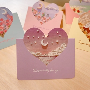 3D oil painting heart greeting cards with floral moon designs and envelopes