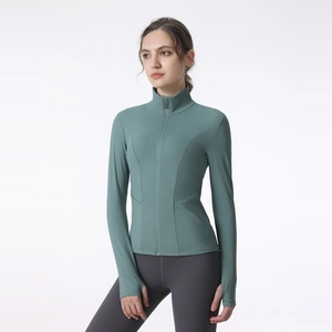 Veste de yoga slim pour femme gris-vert avec fermeture éclair et manches à passe-pouces