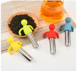 Creative humanoid tea infusers in four colors with silicone top and stainless steel mesh