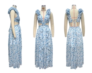 Detailed three-view shots of blue floral maxi dress with deep V-neck and waist cut-out