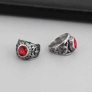 Vintage US Navy USN stainless steel military ring with red ruby gemstone and eagle engraving