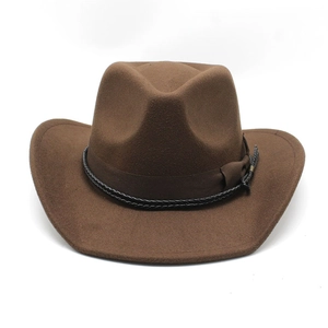 Detail of dark brown western cowboy hat featuring woven black rope and side knot detail