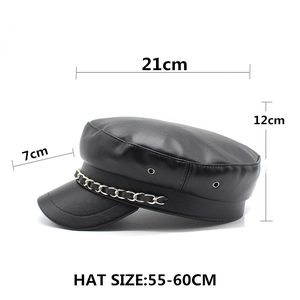 Black PU leather baker boy hat with silver chain detail and adjustable sizing dimensions