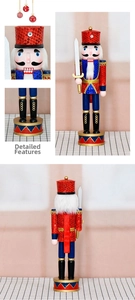 Detailed views showing the 36cm wooden nutcracker with red and blue sequins and golden base