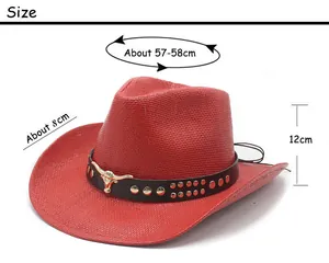 Size chart for red woven cowboy hat with measurements for brim, crown height, and head size