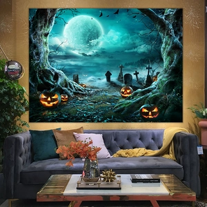 Detailed Halloween tapestry showing glowing pumpkins and moonlit graveyard scene
