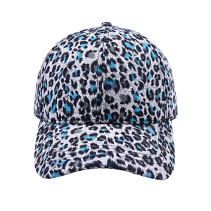 Detail of blue and grey leopard print pattern on a six-panel athletic baseball cap