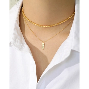 Double-layered gold S925 silver necklace with geometric rectangle zircon pendant