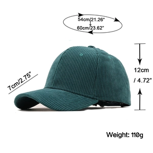 Corduroy vintage baseball cap in forest green with size dimensions and weight specifications