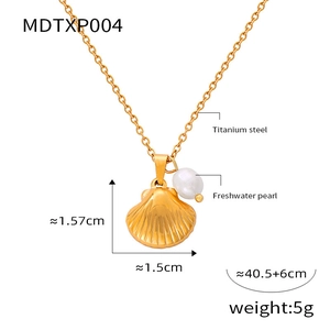 Detail showing titanium steel necklace with shell pendant and freshwater pearl specifications
