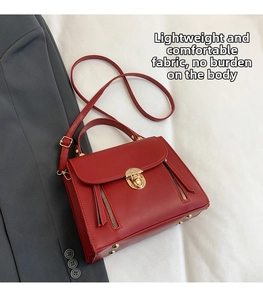 Detail of red matte leather crossbody bag featuring a golden circular clasp and zipper accents