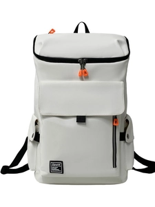 Minimalist beige travel backpack with black straps and orange zipper accents by Spunk