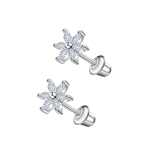 Detailed view of silver flower stud earrings with marquise zircon and screw backs