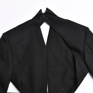 Close-up of color block dress featuring a cutout collar and elegant button details