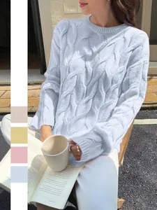 Cable Knit Sweater Acrylic Round Neck Long Sleeve Loose Fit Pullover Casual Minimalist Soft Fall Winter Women Clothing