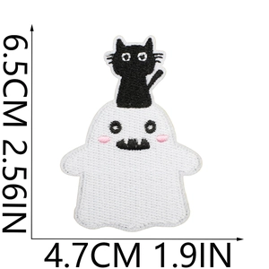 Macro detail of Halloween cat and ghost embroidery patch with size measurements