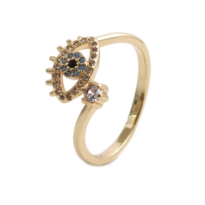 Fashionable gold-plated Evil Eye ring featuring blue and white zircon stones on white background