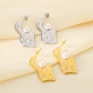 Irregular Geometric Stainless Steel Earrings With Faux Artificial Pearl Lava Texture Minimalist Elegant Jewelry For Women
