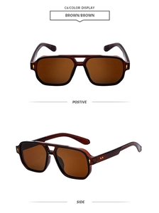 Détail de lunettes de soleil rétro double pont marron avec rivets dorés sur fond blanc