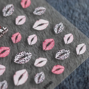 5D adhesive nail stickers featuring red lips and leopard print patterns for DIY nail art