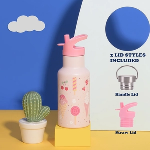 Detail of pink double-wall water bottle showing interchangeable handle and straw lid styles