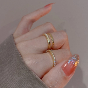 Gold double-layered open ring with cubic zirconia and white enamel inlay for women