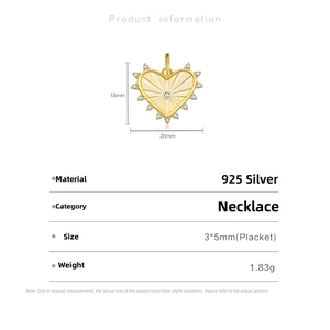 Detail view of heart-shaped gold-plated 925 silver pendant with size and weight metrics