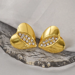 Polished 18k gold plated heart earrings with sparkling double row rhinestone crystal detail