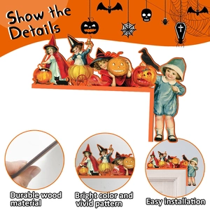 Detail showing durable wood material and vivid vintage Halloween patterns on door corner decor