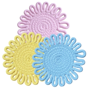 Three-piece set of woven cotton rope coasters in flower shape pink yellow and blue colors