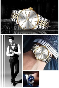 Detailed close-up of business men's watch with day-date display and bicolor steel strap