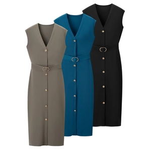 Elegant Sleeveless V Neck Knitted Midi Dress With Belt Solid Color Button Down Slim Fit Office Commuter Summer For Women