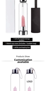 Modern glass water bottle set with pink crystal prism, black sleeve and white box