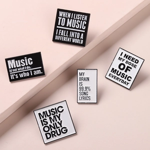 Set of 5 minimalist black and white enamel music theme pins with inspiring English quotes