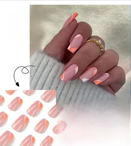Detail of orange and pink abstract wave pattern on medium long coffin press-on nails