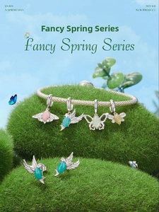 Spring series S925 silver jewelry with bird and butterfly charms on green moss
