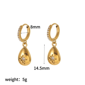 Detailed view of gold teardrop earrings with dimensions 8mm inner diameter and 14.5mm height