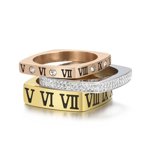 Square roman numeral rings set in gold, silver and rose gold finishes with crystals