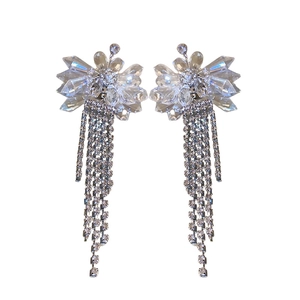 Luxurious silver flower tassel earrings with sparkling crystals and rhinestones