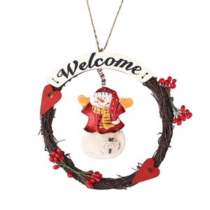 Christmas wreath with branch ring, festive resin snowman and Welcome banner door hanging