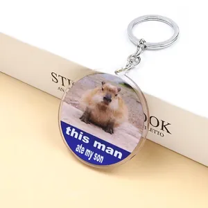 Detail of round acrylic Capybara keychain with 'this man ate my son' funny meme print