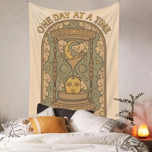 Bohemian sun and moon hourglass tapestry with One Day At A Time quote for bedroom decor