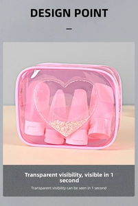 Pink PVC transparent cosmetic bag with glitter heart and portable travel bottles set
