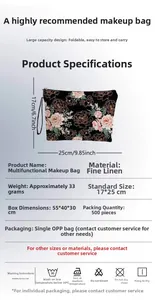 Détail d'une trousse à maquillage florale 17x25cm avec instructions de lavage